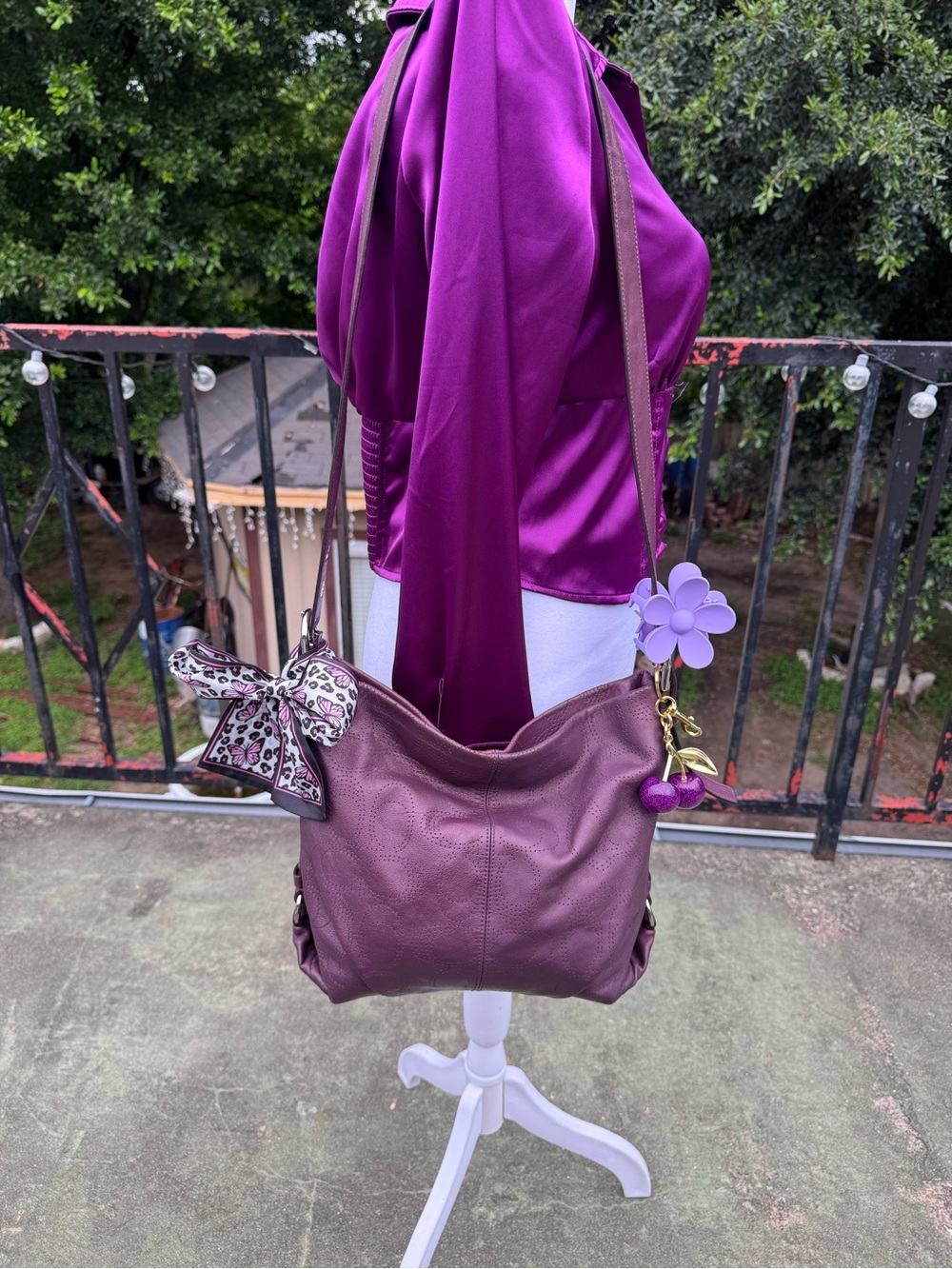 Coach Plum Leather Shoulder Bag with Floral Charm
